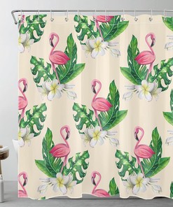 Tropical Green Leaf Shower Curtain with Pink Flamingo and White Floral featuring Monstera Leaves - Beige Bathroom Curtains Shower