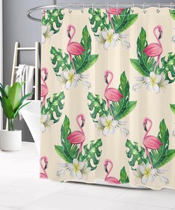 Tropical Green Leaf Shower Curtain with Pink Flamingo and White Floral featuring Monstera Leaves - Beige Bathroom Curtains Shower