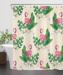 Tropical Green Leaf Shower Curtain with Pink Flamingo and White Floral featuring Monstera Leaves - Beige Bathroom Curtains Shower