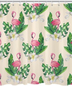 Tropical Green Leaf Shower Curtain with Pink Flamingo and White Floral featuring Monstera Leaves - Beige Bathroom Curtains Shower