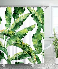 Tropical Green Leaves Bathroom Shower Curtain with Lush Banana Leaf Theme - Waterproof Bathroom Curtain