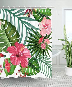 Tropical Green Leaves Bathroom Shower Curtain with Lush Banana Leaf Theme - Waterproof Bathroom Curtain
