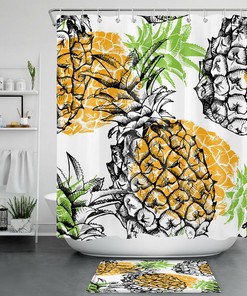 Tropical Green Palm Leaves Shower Curtain - Abstract Design with White Flowers for Bathroom Decor 