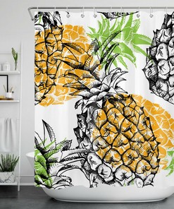 Tropical Green Palm Leaves Shower Curtain - Abstract Design with White Flowers for Bathroom Decor