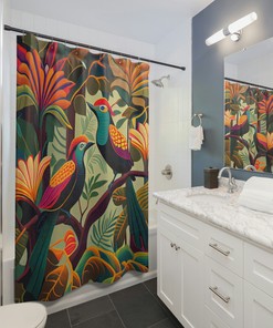 Tropical Jungle Birds of Paradise Printed Shower Curtain - Vibrant Bathroom Decor