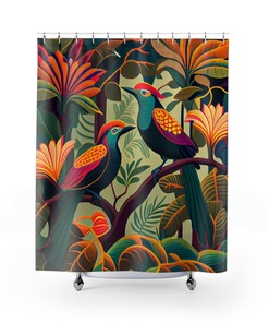 Tropical Jungle Birds of Paradise Printed Shower Curtain - Vibrant Bathroom Decor