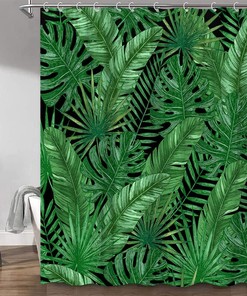 Tropical Jungle Black Shower Curtain with Green Leaves and Palm Prints for Exotic Bathroom Decor