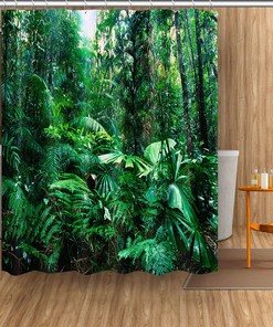 Tropical Jungle Green Leaves Shower Curtain Bathroom Decor 