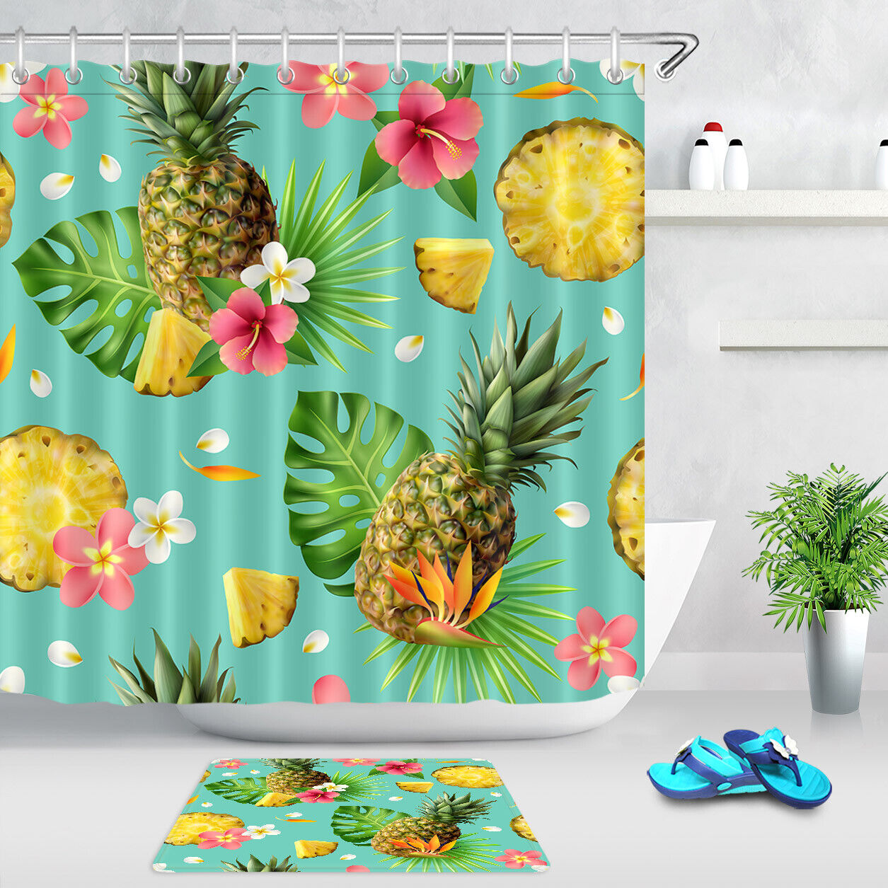 Tropical Leaves Pineapple Shower Curtain Bathroom Decor