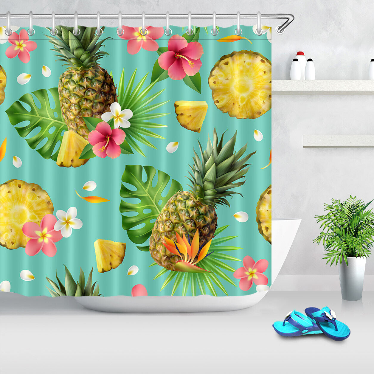 Tropical Leaves Pineapple Shower Curtain Bathroom Decor