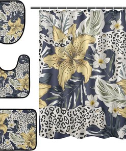Tropical Leopard Flower Leaves Shower Curtain Set for Bathroom Home Decor
