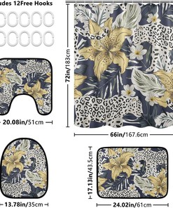 Tropical Leopard Flower Leaves Shower Curtain Set for Bathroom Home Decor