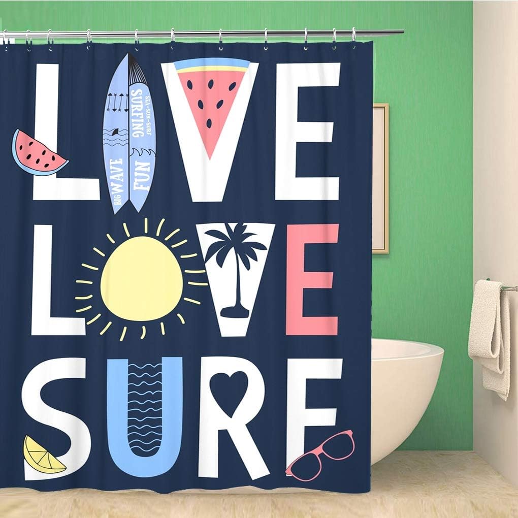 Tropical Live Love Surf Slogan Shower Curtain, Waterproof Fabric, Home and Bathroom Decor