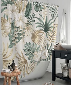 Tropical Palm Leaf Flower Print Shower Curtain in Beige - Perfect for Bathroom Decor