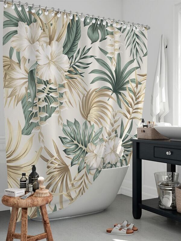 Tropical Palm Leaf Flower Print Shower Curtain in Beige - Perfect for Bathroom Decor