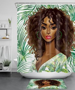 Tropical Palm Leaves African Beauty Girl Shower Curtain for Exotic Bathroom Decor 