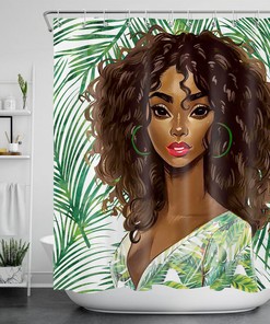 Tropical Palm Leaves African Beauty Girl Shower Curtain for Exotic Bathroom Decor