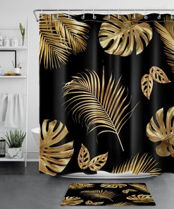 Tropical Palm Shower Curtain - Exotic Black and Gold Bathroom Decor with Plant Print