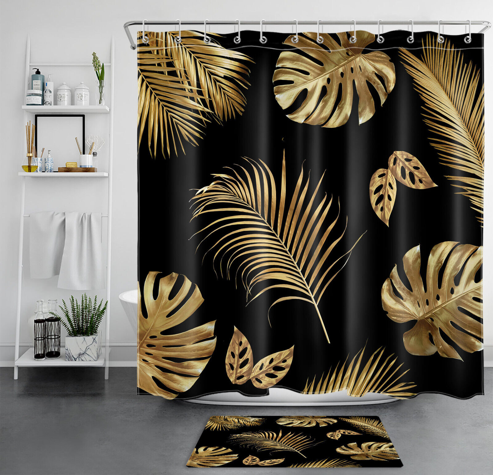 Tropical Palm Shower Curtain - Exotic Black and Gold Bathroom Decor with Plant Print