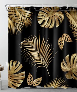 Tropical Palm Shower Curtain - Exotic Black and Gold Bathroom Decor with Plant Print