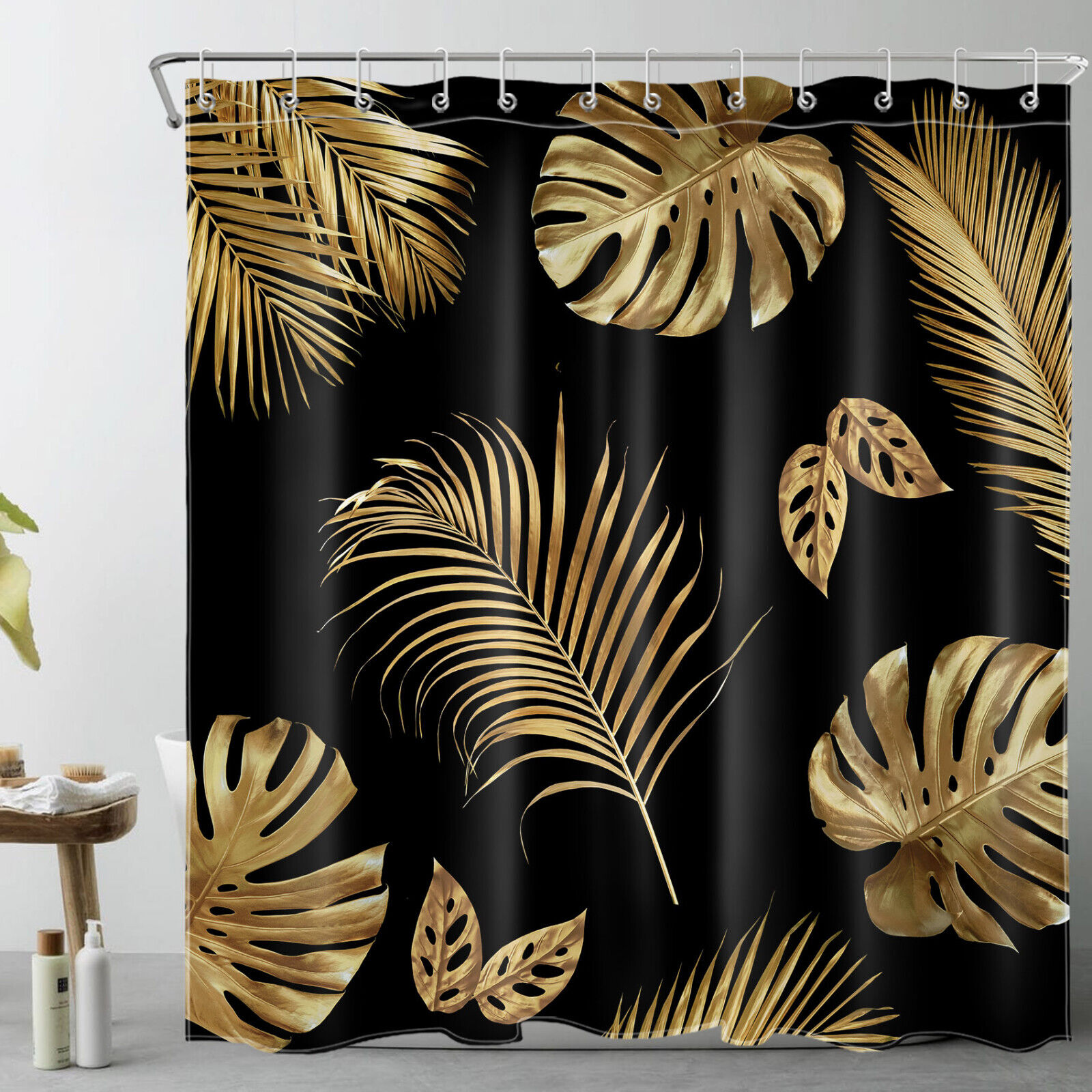 Tropical Palm Shower Curtain - Exotic Black and Gold Bathroom Decor with Plant Print
