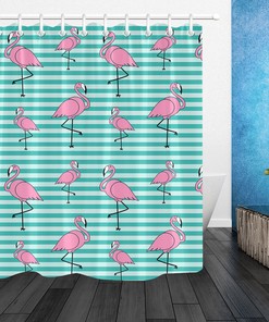 Tropical Pink Flamingo Shower Curtain Green Stripes Bathroom Decor