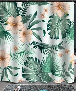 Tropical Plant Fabric Shower Curtain - Green Monstera Leaves and Orange Flowers Design