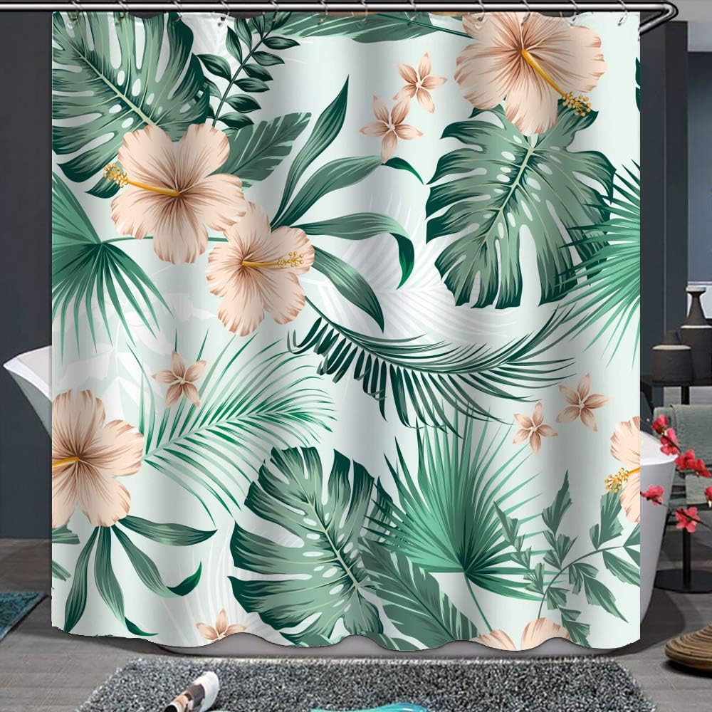 Tropical Plant Fabric Shower Curtain - Green Monstera Leaves and Orange Flowers Design