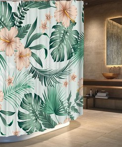 Tropical Plant Fabric Shower Curtain - Green Monstera Leaves and Orange Flowers Design