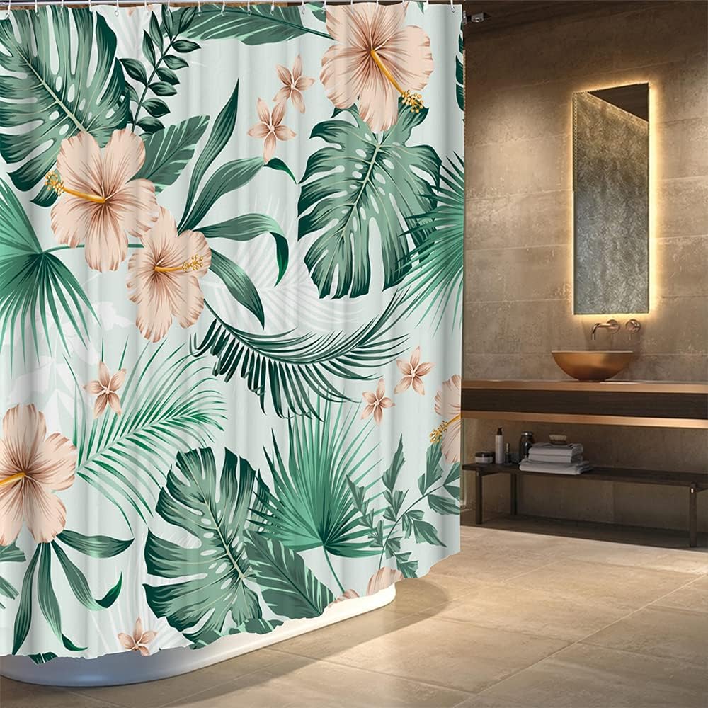 Tropical Plant Fabric Shower Curtain - Green Monstera Leaves and Orange Flowers Design
