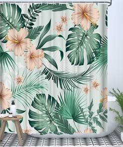 Tropical Plant Fabric Shower Curtain - Green Monstera Leaves and Orange Flowers Design