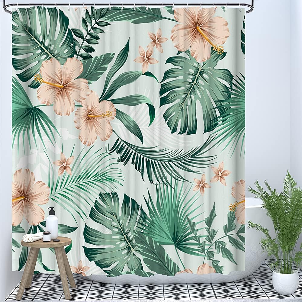 Tropical Plant Fabric Shower Curtain - Green Monstera Leaves and Orange Flowers Design