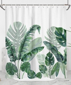 Tropical Plant Shower Curtain with Banana Green Leaves White Botanical Leaf Palm Monstera Design - Perfect for Bathroom