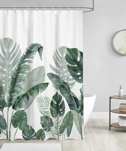 Tropical Plant Shower Curtain with Banana Green Leaves White Botanical Leaf Palm Monstera Design - Perfect for Bathroom