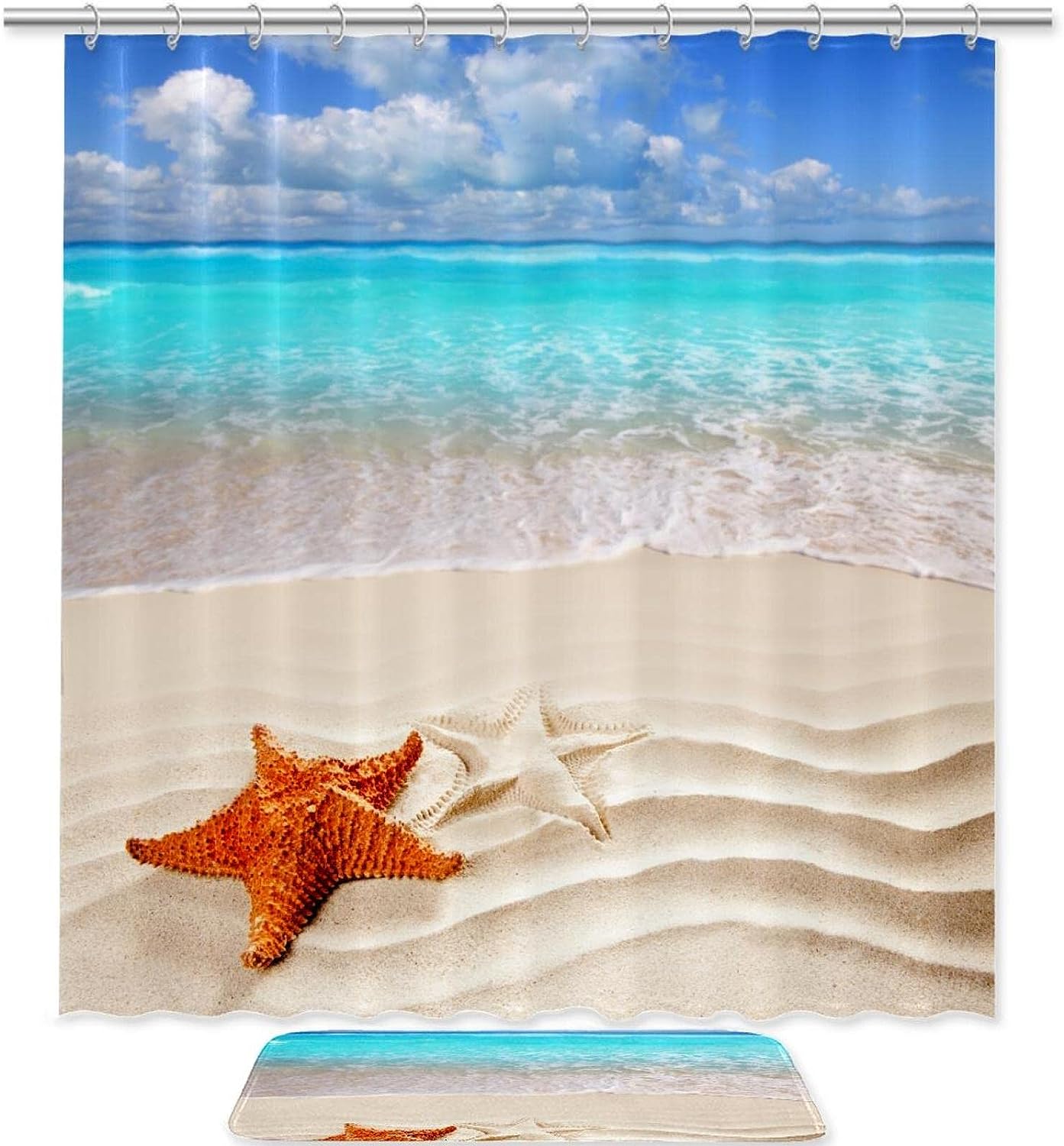 Tropical Seashell Starfish Shower Curtain for Bathroom Decor
