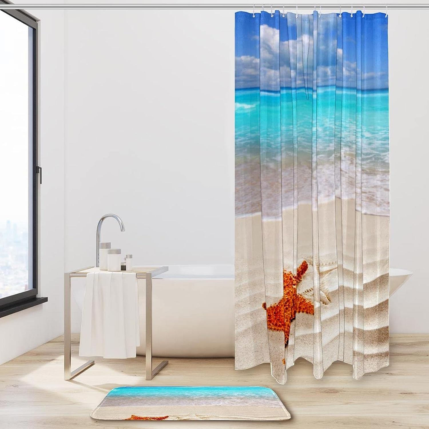 Tropical Seashell Starfish Shower Curtain for Bathroom Decor