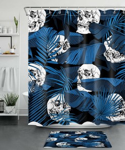 Tropical Skull Shower Curtain, Blue Banana Leaf Design, Bathroom Accessories