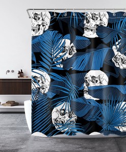 Tropical Skull Shower Curtain, Blue Banana Leaf Design, Bathroom Accessories