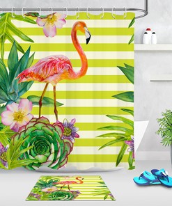 Tropical Succulents Shower Curtain Flamingo Waterproof Fabric Bathroom Decor