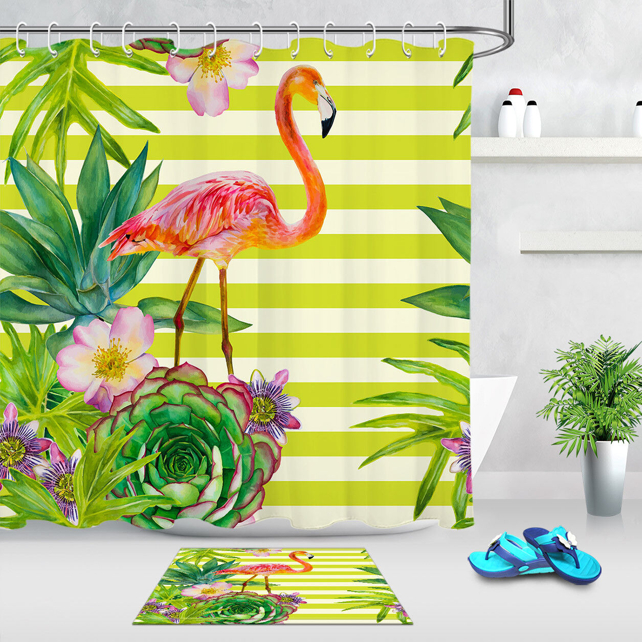 Tropical Succulents Shower Curtain Flamingo Waterproof Fabric Bathroom Decor