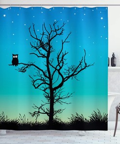 Turquoise Black Owls Shower Curtain, Naked Winter Tree Under Night Sky with Stars, Bathroom Decor 