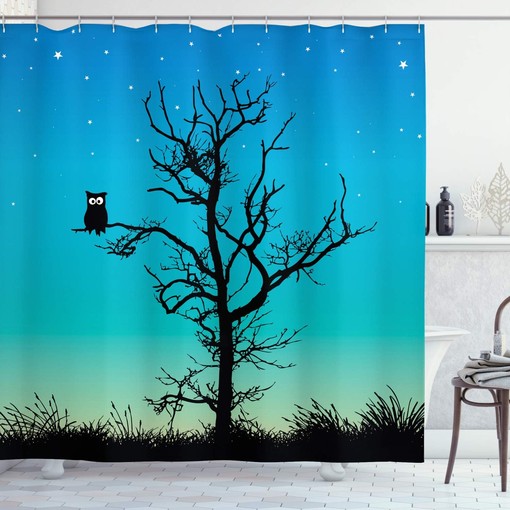 Turquoise Black Owls Shower Curtain, Naked Winter Tree Under Night Sky with Stars, Bathroom Decor