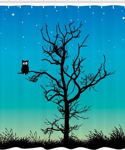 Turquoise Black Owls Shower Curtain, Naked Winter Tree Under Night Sky with Stars, Bathroom Decor