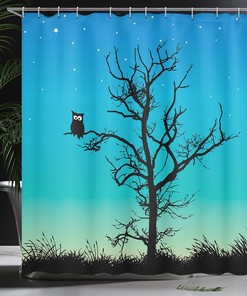 Turquoise Black Owls Shower Curtain, Naked Winter Tree Under Night Sky with Stars, Bathroom Decor