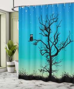 Turquoise Black Owls Shower Curtain, Naked Winter Tree Under Night Sky with Stars, Bathroom Decor