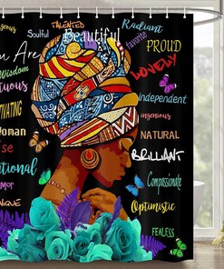Turquoise Blue African American Shower Curtain - Modern Black Queen Incentive Words Fabric Bath Decor