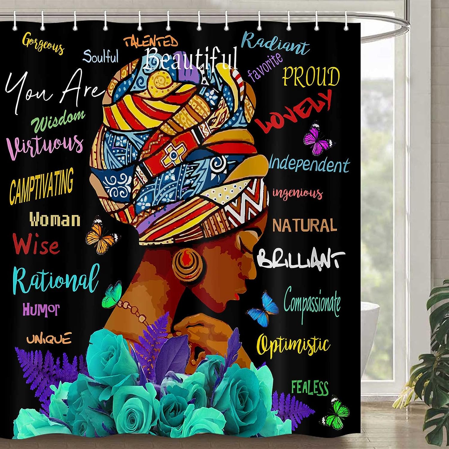 Turquoise Blue African American Shower Curtain - Modern Black Queen Incentive Words Fabric Bath Decor