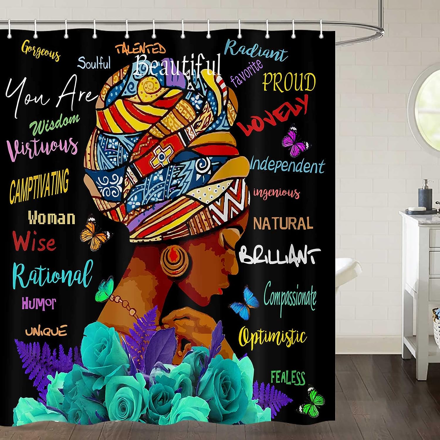 Turquoise Blue African American Shower Curtain - Modern Black Queen Incentive Words Fabric Bath Decor