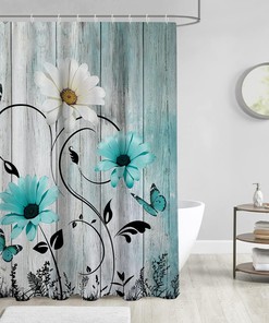 Turquoise Shower Curtain with Wood Butterfly Daisy Rustic Blue Floral Flower Farmhouse Wooden Design - Perfect for Retro Bathroom Decor