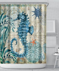 Turtle and Starfish Shower Curtain with Abstract Art - Bathroom Decor